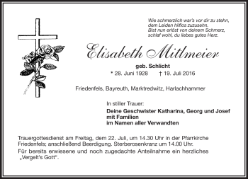 Traueranzeige von Elisabeth Mitlmeier von Frankenpost