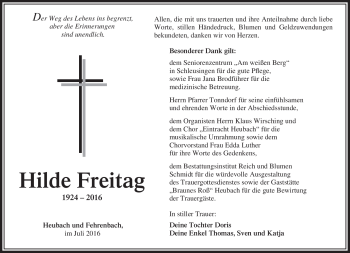 Traueranzeige von Hilde Freitag von Südthüringer Presse