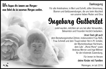 Traueranzeige von Ingeburg Gutberlet von Südthüringer Presse