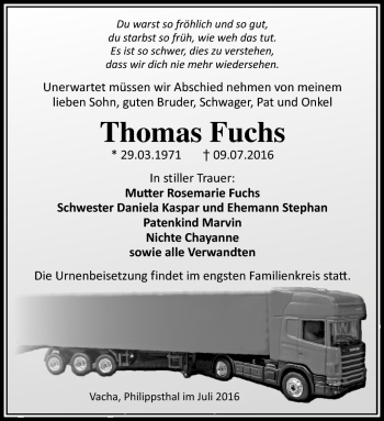 Traueranzeige von Thomas Fuchs von Südthüringer Presse