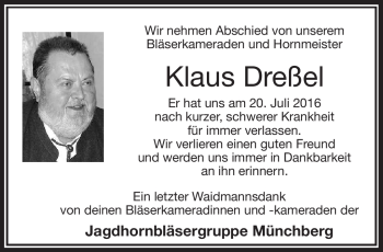 Traueranzeige von Klaus Dreßel von Frankenpost