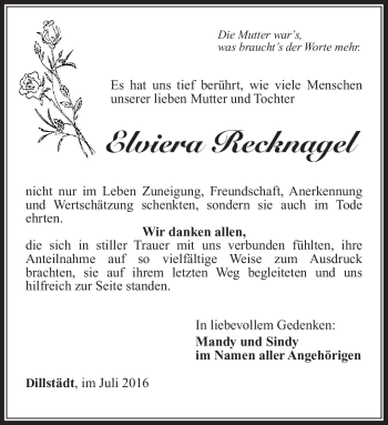 Traueranzeige von Elviera Recknagel von Südthüringer Presse