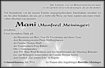Traueranzeige von Manfred Meininger von Südthüringer Presse
