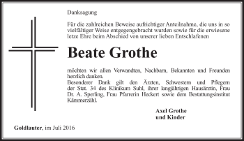 Traueranzeige von Beate Grothe von Südthüringer Presse