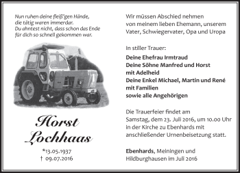 Traueranzeige von Horst Lochhaas von Südthüringer Presse