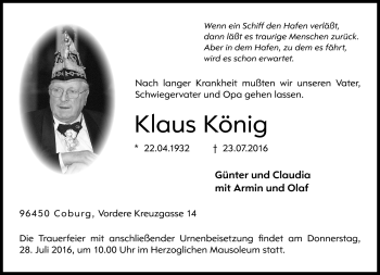 Traueranzeige von Klaus König von Neue Presse Coburg