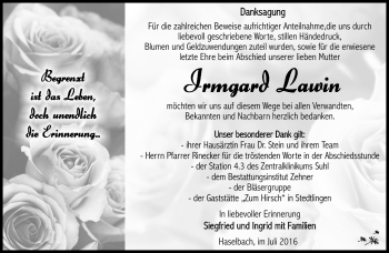 Traueranzeige von Irmgard Lawin von Südthüringer Presse