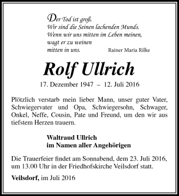Traueranzeige von Rolf Ullrich von Südthüringer Presse