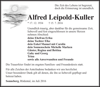 Traueranzeige von Alfred Leipold-Kuller von Südthüringer Presse