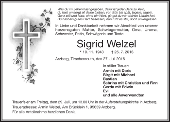 Traueranzeige von Sigrid Welzel von Frankenpost