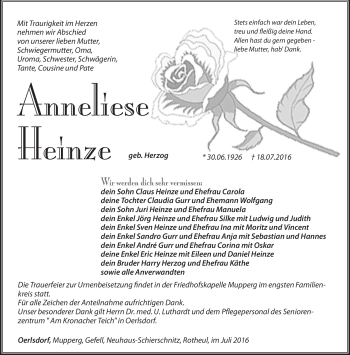 Traueranzeige von Anneliese Heinze von Südthüringer Presse