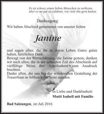 Traueranzeige von Janine Beckert von Südthüringer Presse