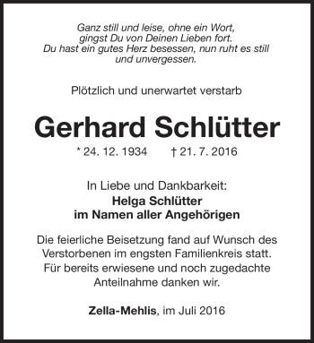 Traueranzeige von Gerhard Schlütter von Südthüringer Presse