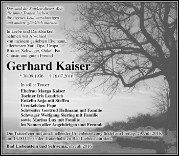 Traueranzeige von Gerhard Kaiser von Südthüringer Presse