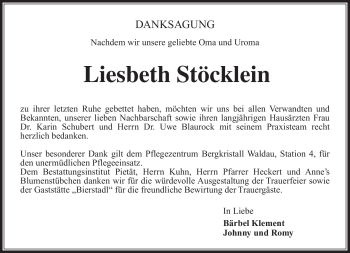 Traueranzeige von Liesbeth Stöcklein von Südthüringer Presse