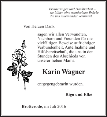 Traueranzeige von Karin Wagner von Südthüringer Presse