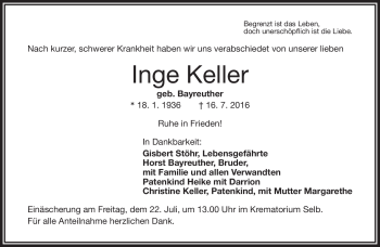 Traueranzeige von Inge Keller von Frankenpost
