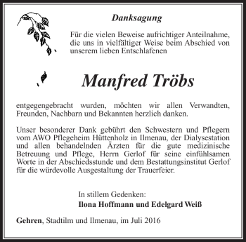 Traueranzeige von Manfred Tröbs von Südthüringer Presse