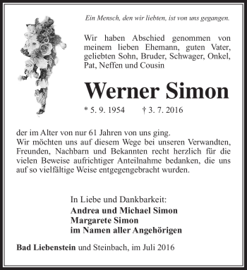 Traueranzeige von Werner Simona von Südthüringer Presse