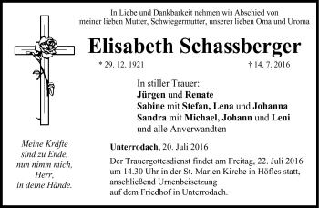 Traueranzeige von Elisabeth Schassberger von Neue Presse Coburg