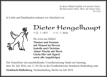 Traueranzeige von Dieter Hengelhaupt von Südthüringer Presse