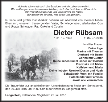 Traueranzeige von Dieter Rübsam von Südthüringer Presse