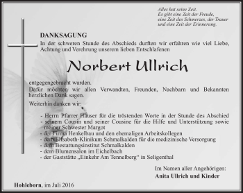 Traueranzeige von Norbert Ullrich von Südthüringer Presse