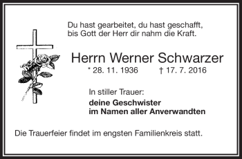 Traueranzeige von Werner Schwarzer von Frankenpost