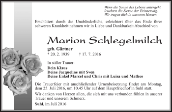 Traueranzeige von Marion Schlegelmilch von Südthüringer Presse