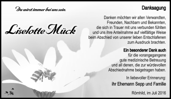 Traueranzeige von Lieselotte Mück von Südthüringer Presse