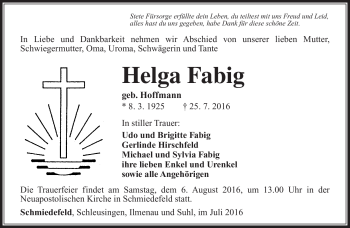 Traueranzeige von Helga Fabig von Südthüringer Presse
