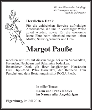 Traueranzeige von Margot Pauße von Südthüringer Presse