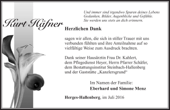 Traueranzeige von Kurt Häfner von Südthüringer Presse