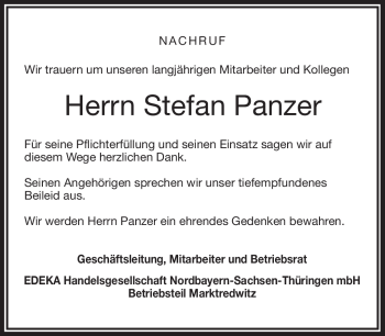 Traueranzeige von Stefan Panzer von Frankenpost