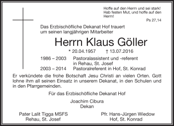 Traueranzeige von Klaus Goller von Frankenpost