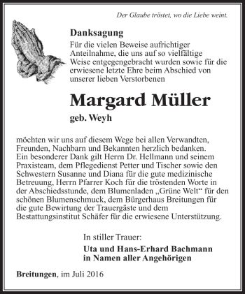 Traueranzeige von Margard Müller von Südthüringer Presse