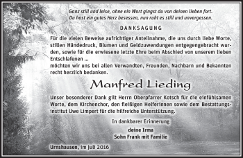 Traueranzeige von Manfred Lieding von Südthüringer Presse