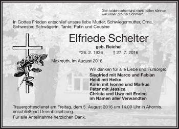 Traueranzeige von Elfriede Schelter von Frankenpost