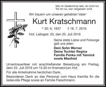 Traueranzeige von Kurt Kratschmann von Frankenpost