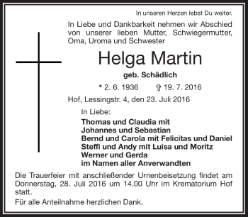 Traueranzeige von Helga Martin von Frankenpost