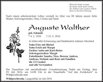 Traueranzeige von Auguste Walther von Südthüringer Presse