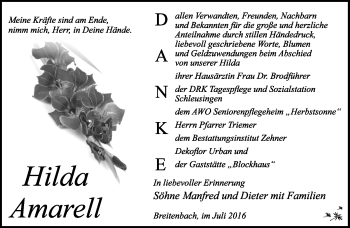 Traueranzeige von Hilda Amarell von Südthüringer Presse