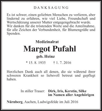 Traueranzeige von Margot Pufahl von Südthüringer Presse