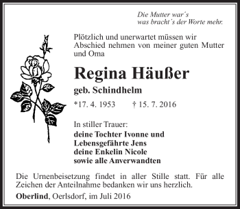 Traueranzeige von Regina Häußer von Südthüringer Presse