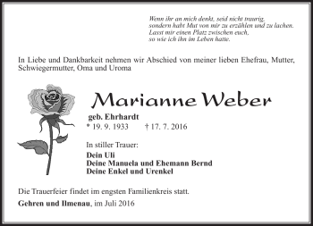 Traueranzeige von Marianne Weber von Südthüringer Presse