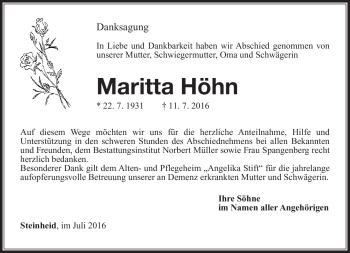 Traueranzeige von Maritta Höhn von Südthüringer Presse