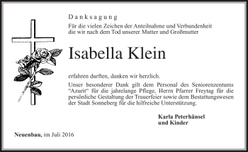 Traueranzeige von Isabella Klein von Südthüringer Presse