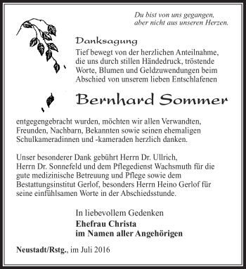 Traueranzeige von Bernhard Sommer von Südthüringer Presse