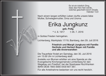 Traueranzeige von Erika Jungkunz von Frankenpost