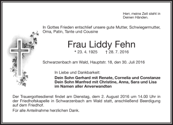 Traueranzeige von Liddy Fehn von Frankenpost